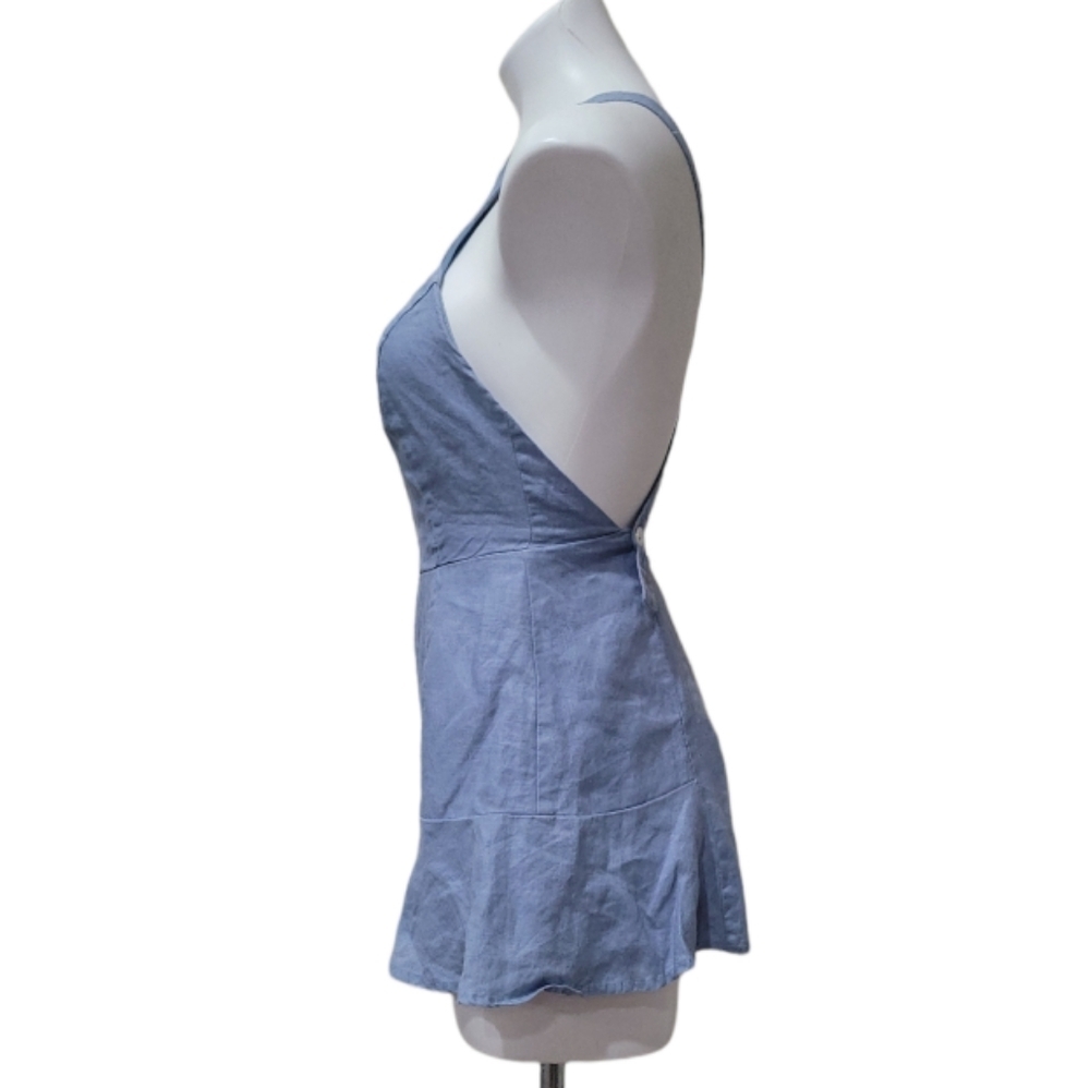 Chambray Ruffle Hem Cross-Back Linen Romper Short Shorts Effortless Fashion - Picture 4 of 11